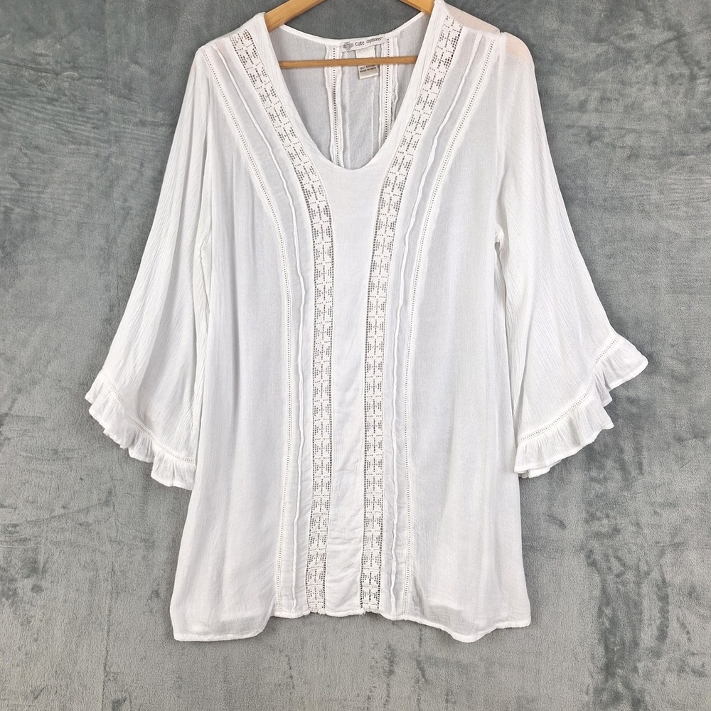 Womens Top Medium White Boho Crochet Peasant Gauze Beach Coastal Festival Resort